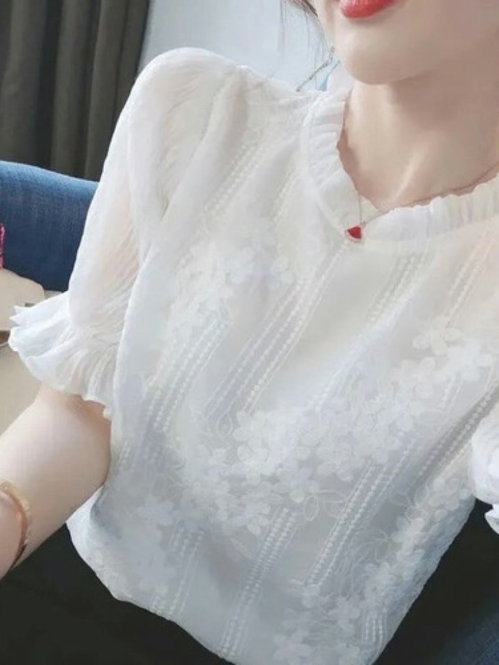 Women Short Sleeve Ruffle Collar Lace Crochet Chiffon T Shirt Blouse Top